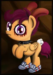 Size: 896x1277 | Tagged: safe, artist:ohohokapi, deleted from derpibooru, derpibooru import, scootaloo, pegasus, pony, bipedal, clothes, collar, foal, image, jpeg, shoes, shoes only, solo, the addams family, video game