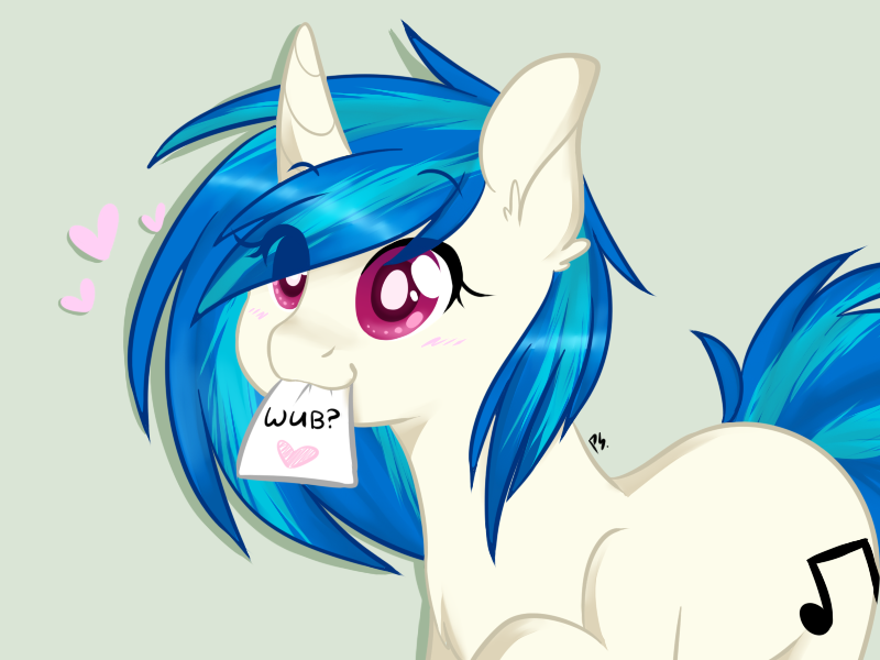 Size: 800x600 | Tagged: safe, artist:chibimlp-lover, derpibooru import, vinyl scratch, blushing, chest fluff, chibi, cute, ear fluff, eye clipping through hair, heart, mouth hold, solo, vinylbetes, wub