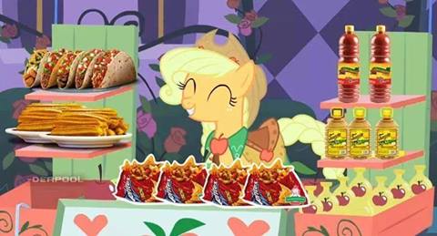 Size: 480x259 | Tagged: applejack, booze, chamoy, churros, cider, clothes, derpibooru import, dorilocos, dress, edit, edited screencap, eyes closed, food, food stand, gala dress, grand galloping gala, safe, screencap, smiling, solo, spanish, taco, the best night ever, tonaya, tonayan