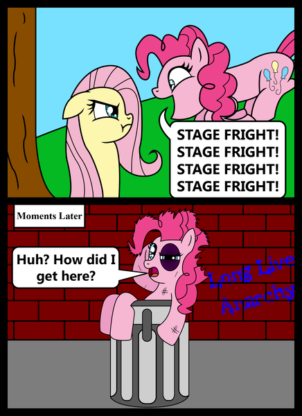 Size: 1700x2338 | Tagged: dead source, safe, artist:vincentthecrow, derpibooru import, fluttershy, pinkie pie, earth pony, pegasus, pony, filli vanilli, season 4, abuse, alleyway, alternate ending, anarchy, bad end, beware the nice ones, bite mark, black eye, comic, good end, graffiti, implied beating, karma, pinkie drama, pinkiebuse, scene interpretation, scratches, scrunchy face, trash can