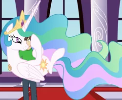 Size: 6518x5326 | Tagged: safe, artist:badumsquish, derpibooru import, princess celestia, oc, oc:anon, oc:generic messy hair anime anon, human, pony, absurd resolution, bedroom eyes, bridal carry, carrying, eye contact, female, holding a pony, male, missing accessory, smiling