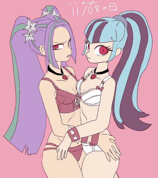 Size: 900x1014 | Tagged: suggestive, artist:susu, derpibooru import, aria blaze, sonata dusk, equestria girls, rainbow rocks, arisona, bra, breasts, cleavage, clothes, female, frilly underwear, lesbian, lingerie, panties, ribbon, shipping, underwear