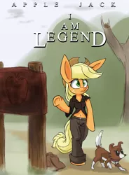 Size: 1280x1737 | Tagged: anthro, applejack, arm hooves, artist:heir-of-rick, belly button, clothes, daily apple pony, derpibooru import, i am legend, impossibly large ears, midriff, movie poster, pants, parody, ripped shirt, safe, shirt, torn clothes, winona