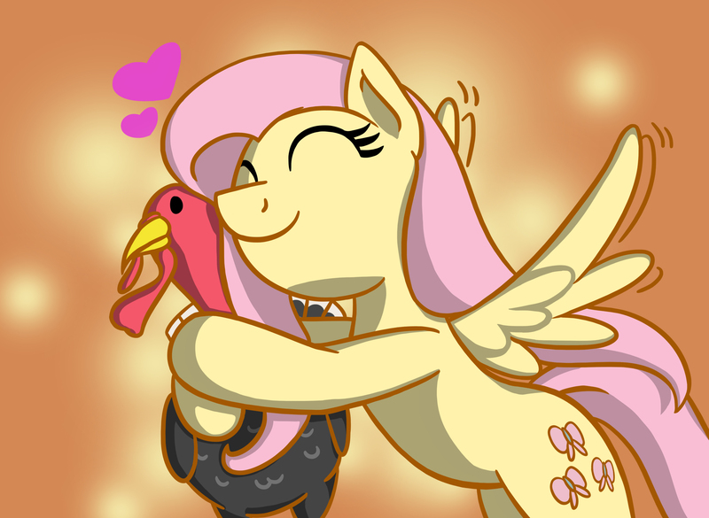 Size: 3247x2375 | Tagged: artist:flutterluv, derpibooru import, eyes closed, fluttershy, heart, hug, safe, smiling, spread wings, turkey