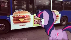 Size: 2592x1456 | Tagged: bacon, bus, chile, derpibooru import, food, guacamole, implied ponies eating meat, irl, meat, photo, plot, ponies in real life, safe, shadow, street, this will end in weight gain, twilight burgkle, twilight sparkle, vector