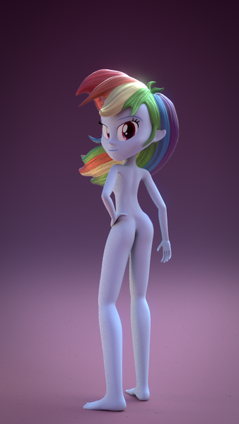 Size: 540x960 | Tagged: questionable, artist:3d thread, artist:creatorofpony, derpibooru import, rainbow dash, equestria girls, /mlp/, 3d, barbie doll anatomy, barefoot, blender, featureless crotch, feet, female, looking back, nudity, solo, solo female, toes