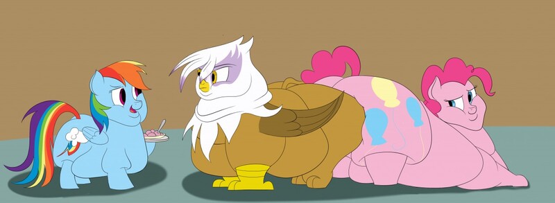 Size: 1280x468 | Tagged: questionable, artist:astr0zone, derpibooru import, gilda, pinkie pie, rainbow dash, earth pony, gryphon, pegasus, pony, balloonbutt, blob, butt, butt to butt, butt touch, double chin, fat, female, food, gildonk, gildough, ice cream, impossibly large belly, mare, obese, plate, plot, pudgy pie, rainblob dash, rolls of fat, the ass was fat, weight gain