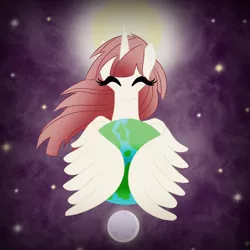 Size: 2048x2048 | Tagged: artist:bratzoid, cute, derpibooru import, equestria, eyes closed, faustabetes, glowing horn, goddess, hug, moon, oc, oc:fausticorn, planet, pony bigger than a planet, safe, smiling, solo, sun, tangible heavenly object, unofficial characters only, winghug