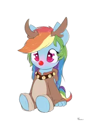 Size: 900x1200 | Tagged: safe, alternate version, artist:alasou, deleted from derpibooru, derpibooru import, rainbow dash, ambiguous facial structure, animal costume, antlers, background removed, bell, bell collar, bells, chibi, clothes, collar, cute, dashabetes, jingle bells, red nose, reindeer dash, rudolph dash, rudolph the red nosed reindeer, simple background, sitting, solo, transparent background