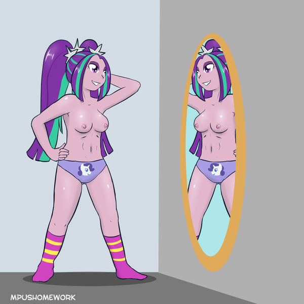 Size: 1000x1000 | Tagged: questionable, artist:empyu, derpibooru import, aria blaze, rarity, equestria girls, belly button, breasts, clothes, female, mirror, nipples, nudity, panties, solo, solo female, topless, underwear