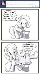 Size: 600x1097 | Tagged: safe, artist:fauxsquared, derpibooru import, trixie, earth pony, pony, black and white, bullwinkle, bunny out of the hat, earth pony trixie, grayscale, hat, magic, magic trick, magician, monochrome, race swap, rocky and bullwinkle, top hat, trixie is magic, tumblr, tumblr blog
