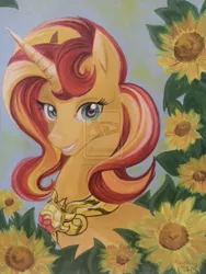 Size: 774x1032 | Tagged: dead source, safe, artist:misschang, derpibooru import, sunset shimmer, pony, unicorn, deviantart watermark, elements of harmony, necklace, obtrusive watermark, oil painting, solo, sunflower, traditional art, watermark