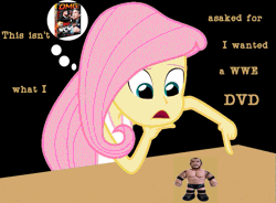 Size: 891x657 | Tagged: safe, derpibooru import, fluttershy, equestria girls, plushie, text, thought bubble, wcw, wrong present, wwe, wwe dvd