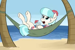 Size: 1563x1047 | Tagged: artist:whatsapokemon, beach, cocobetes, coco pommel, cup, cute, derpibooru import, hammock, legs in air, on back, open mouth, safe, smiling, solo, underhoof