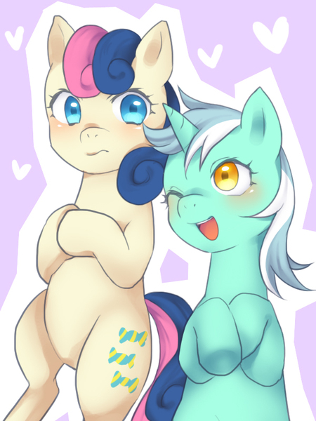 Size: 600x800 | Tagged: safe, artist:kona1025, derpibooru import, bon bon, lyra heartstrings, sweetie drops, earth pony, pony, unicorn, female, lesbian, lyrabon, pixiv, shipping