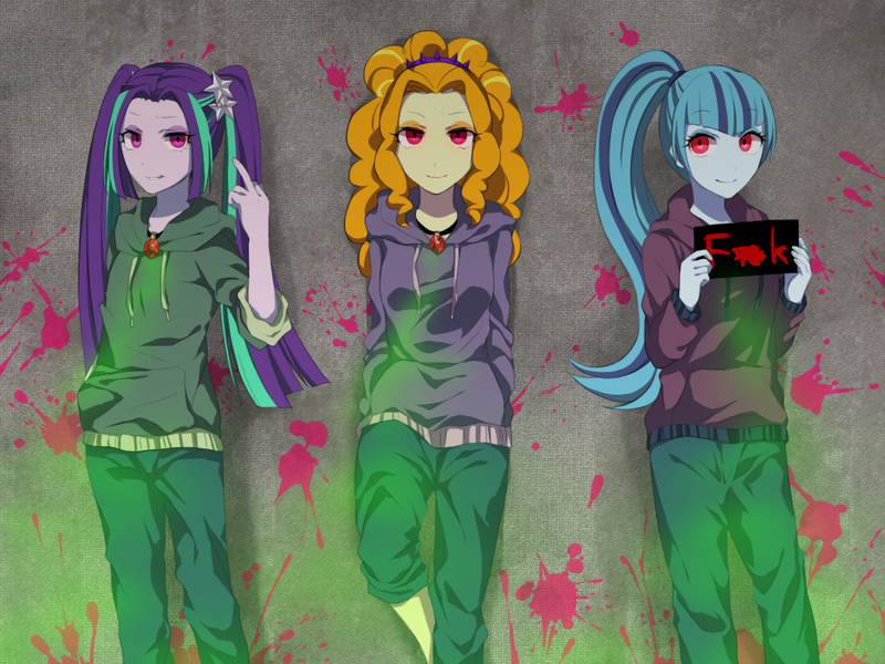 Size: 1200x900 | Tagged: safe, artist:kona1025, derpibooru import, adagio dazzle, aria blaze, sonata dusk, equestria girls, rainbow rocks, clothes, hoodie, middle finger, pixiv, the dazzlings, vulgar