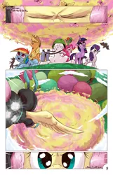 Size: 1393x2167 | Tagged: safe, artist:saturdaymorningproj, derpibooru import, angel bunny, applejack, fluttershy, gummy, owlowiscious, pinkie pie, rainbow dash, rarity, twilight sparkle, winona, earth pony, pegasus, pony, unicorn, angelic flutterboom, badass, bunny ears, comic, dangerous mission outfit, eyes closed, female, flutterbadass, mane six, mare