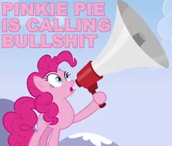 Size: 850x720 | Tagged: safe, derpibooru import, edit, edited screencap, screencap, pinkie pie, earth pony, pony, wonderbolts academy, bullshit, caption, image macro, megaphone, open mouth, pink text, reaction image, solo, text, vulgar