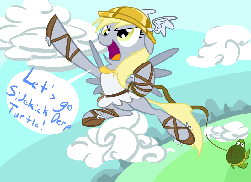 Size: 2338x1700 | Tagged: safe, artist:tess, derpibooru import, derpy hooves, pegasus, pony, turtle, artifact, clothes, cloud, female, helmet, hermes, mare, solo