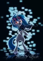 Size: 1024x1448 | Tagged: safe, artist:hecatehell, derpibooru import, vinyl scratch, pony, unicorn, abstract background, bipedal, headphones, red eyes, solo, violin