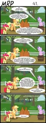 Size: 800x2153 | Tagged: safe, artist:umneem, derpibooru import, apple bloom, applejack, derpy hooves, diamond tiara, earth pony, pegasus, pony, comic:my rational pony, 4koma, barrel, comic, female, mare, sack