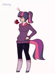 Size: 720x960 | Tagged: apple, artist:cherry, clothes, derpibooru import, glowing horn, oc, oc:glimmer, offspring, parent:twilight sparkle, safe, satyr, solo, unofficial characters only