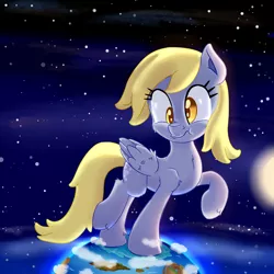 Size: 2000x2000 | Tagged: safe, artist:discorded, derpibooru import, derpy hooves, pegasus, pony, earth, female, giant pony, giantess, hilarious in hindsight, macro, mare, moon, nose wrinkle, pony bigger than a planet, scrunchy face, solo, space, tangible heavenly object