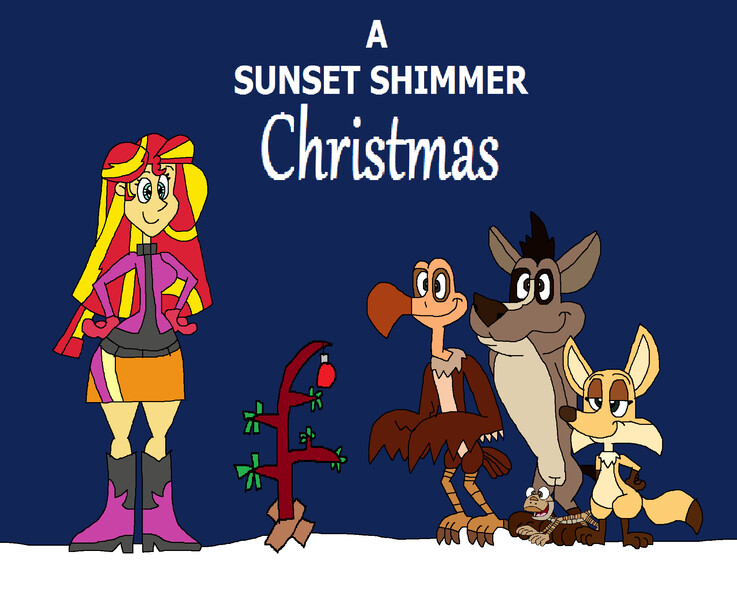 Size: 2105x1713 | Tagged: safe, artist:hunterxcolleen, derpibooru import, sunset shimmer, equestria girls, buck, charlie brown, christmas, christmas ornament, christmas tree, crossover, harchi, humanized, oscar, oscar's oasis, parody, peanuts, popy, poster, snow, tree, twig, winter