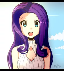 Size: 1024x1130 | Tagged: anime, artist:pegasisters82, boob window, breasts, cleavage, clothes, cute, derpibooru import, female, human, humanized, looking at you, open mouth, raribetes, rarity, safe, solo