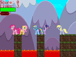 Size: 320x240 | Tagged: safe, artist:zwes1833, derpibooru import, derpy hooves, fluttershy, pinkie pie, rainbow dash, twilight sparkle, twilight sparkle (alicorn), alicorn, pony, desktop ponies, download, fan game, female, game, lava, mare, minecraft, rescue, super mario bros., yoshi's island