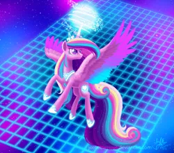 Size: 1024x901 | Tagged: safe, artist:joellethenose, derpibooru import, princess cadance, alicorn, pony, alternate hairstyle, female, flying, glow, glowing horn, grid, heart eyes, magic, mare, new retro wave, retro, signature, smiling, solo, space, spread wings, stars, vaporwave, wingding eyes