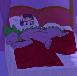 Size: 985x980 | Tagged: safe, artist:carnifex, derpibooru import, rarity, spike, bed, behaving like a dog, blanket, blushing, cute, dragon instinct, eyes closed, female, frown, hair curlers, male, older, on top, prone, shipping, sleep mask, sleeping, smiling, sparity, straight, sweat, uncomfortable