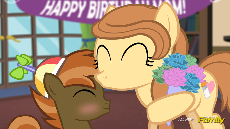 Size: 1920x1080 | Tagged: artist:shutterflyeqd, blushing, bouquet, button mash, derpibooru import, discovery family logo, fake screencap, flower, forehead kiss, i can't believe it's not hasbro studios, kissing, mother, mother and son, oc, oc:cream heart, safe, son