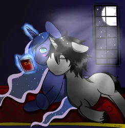 Size: 1280x1309 | Tagged: artist:sasaki-kasumi, blank flank, blushing, book, cuddling, derpibooru import, eyes closed, female, king sombra, lumbra, male, princess luna, reformed sombra, safe, shipping, sleeping, straight, unshorn fetlocks