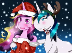 Size: 1280x946 | Tagged: anthro, artist:sasaki-kasumi, derpibooru import, hat, princess cadance, reindeer antlers, safe, santa hat, shining armor