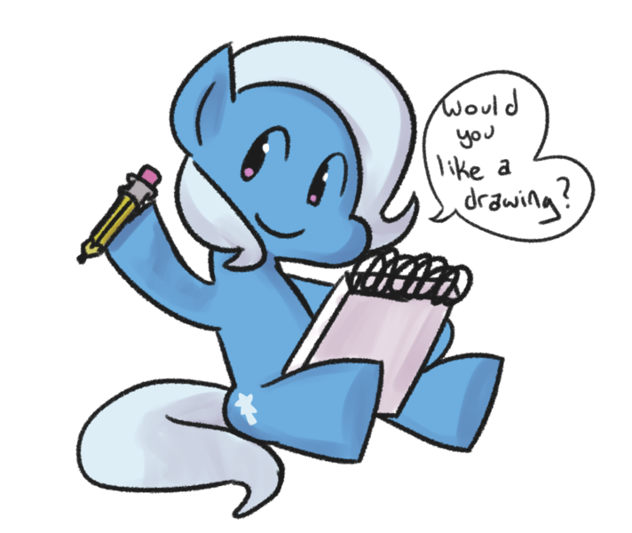 Size: 1200x1011 | Tagged: dead source, safe, artist:fauxsquared, derpibooru import, trixie, earth pony, pony, commission, dialogue, earth pony trixie, hoof hold, notebook, pencil, race swap, simple background, smiling, solo, speech bubble, transparent background, tumblr blog