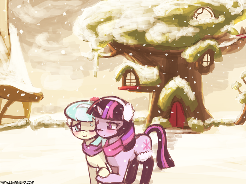 Size: 960x720 | Tagged: safe, artist:lumineko, derpibooru import, coco pommel, twilight sparkle, twilight sparkle (alicorn), alicorn, pony, clothes, cocosparkle, earmuffs, female, jacket, lesbian, mare, shipping, snow, snowfall, winter