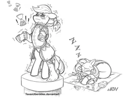 Size: 864x668 | Tagged: safe, artist:texasuberalles, derpibooru import, applejack, rarity, earth pony, pony, unicorn, clothes, dress, dressmaking, duo, female, hourglass, lesbian, monochrome, rarijack, shipping, sketch, sleeping, snoring, traditional art, zzz