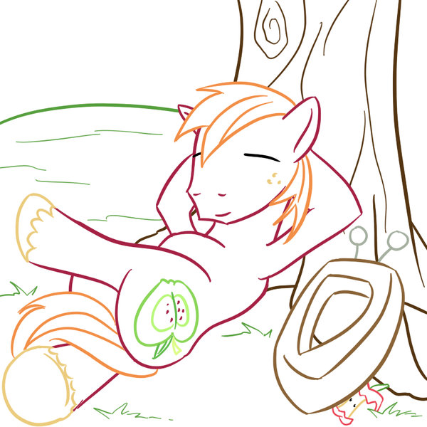 Size: 800x800 | Tagged: safe, artist:wryte, derpibooru import, big macintosh, earth pony, pony, apple core, lineart, male, newbie artist training grounds, sleeping, stallion, tree, yoke