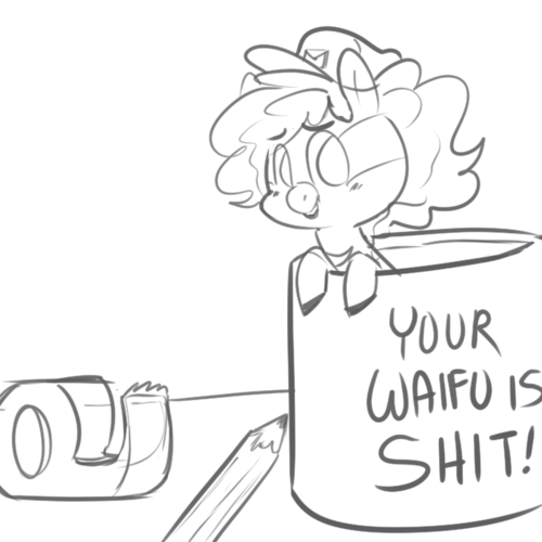 Size: 500x500 | Tagged: safe, artist:mt, derpibooru import, oc, unofficial characters only, pony, coffee, cup, cup of pony, grin, leaning, looking at you, micro, monochrome, mug, mug of pony, smiling, solo, vulgar, your waifu is shit