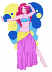 Size: 2200x3050 | Tagged: armpits, artist:usagifriday, barefoot, belly button, belly dancer, bikini top, bra, bracelet, clothes, dancing, derpibooru import, feet, gypsy pie, human, humanized, long skirt, looking at you, midriff, pinkie pie, safe, skirt, smiling, solo, top
