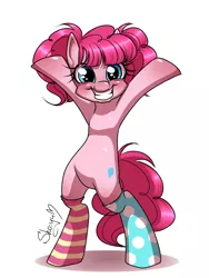 Size: 1200x1600 | Tagged: safe, artist:nyako-shoyu, derpibooru import, pinkie pie, pony, alternate hairstyle, bipedal, clothes, looking at you, smiling, socks, solo, striped socks