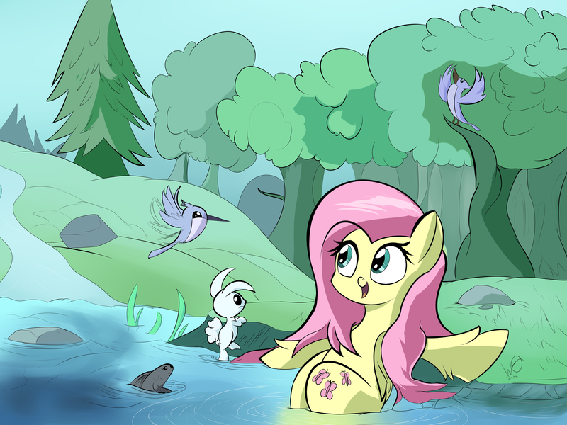 Size: 4000x3000 | Tagged: safe, artist:wadusher0, derpibooru import, angel bunny, fluttershy, bird, fish, hummingbird, pegasus, pony, rabbit, animal, cute, female, fluffy, forest, frown, hoof fluff, mare, nature, open mouth, outdoors, river, scenery, shyabetes, sitting, smiling, solo, spread wings, tree, unshorn fetlocks, water, wide eyes, wing fluff, wings