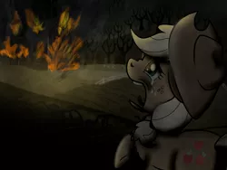 Size: 2048x1536 | Tagged: applejack, artist:birdivizer, barn, crying, derpibooru import, fire, floppy ears, frown, implied death, nose wrinkle, open mouth, semi-grimdark, solo