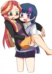 Size: 897x1281 | Tagged: dead source, safe, artist:gyaheung, derpibooru import, sunset shimmer, twilight sparkle, human, equestria girls, blushing, bridal carry, carrying, female, humanized, lesbian, shipping, sunsetsparkle, sweatdrop