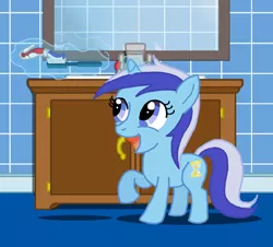 Size: 609x550 | Tagged: artist:feadraug, derpibooru import, filly, minuette, safe, solo, toothbrush