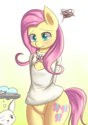 Size: 2480x3507 | Tagged: angel bunny, artist:dyoung, blushing, boob window, bottomless, chest fluff, clothes, derpibooru import, female, fluttershy, frown, keyhole turtleneck, necklace, open-chest sweater, pixiv, semi-anthro, solo, solo female, suggestive, sweater, sweatershy, thought bubble, turtleneck, wink