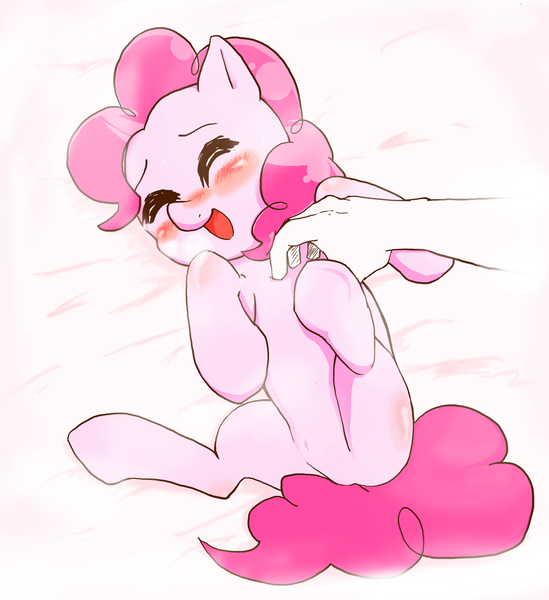 Size: 1488x1626 | Tagged: artist:monon0, blushing, cute, diapinkes, disembodied hand, eyes closed, hand, offscreen character, offscreen human, open mouth, pinkie pie, pixiv, safe, solo, tickling