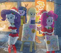 Size: 1500x1310 | Tagged: safe, artist:bluse, derpibooru import, applejack, pinkie pie, princess celestia, rarity, twilight sparkle, twilight sparkle (alicorn), equestria girls, 20%, belly button, breasts, christmas, cleavage, clothes, cold, freezing, holiday, korean, midriff, principal celestia, red nose, reindeer antlers, santa costume, scarf, shivering, show accurate, skirt, snow, snowfall, stupid sexy rarity, trollestia, winter