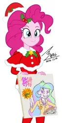 Size: 900x1773 | Tagged: safe, artist:bluse, derpibooru import, pinkie pie, princess celestia, equestria girls, background removed, clothes, cute, holly, santa costume, show accurate, sign, signature, simple background, white background